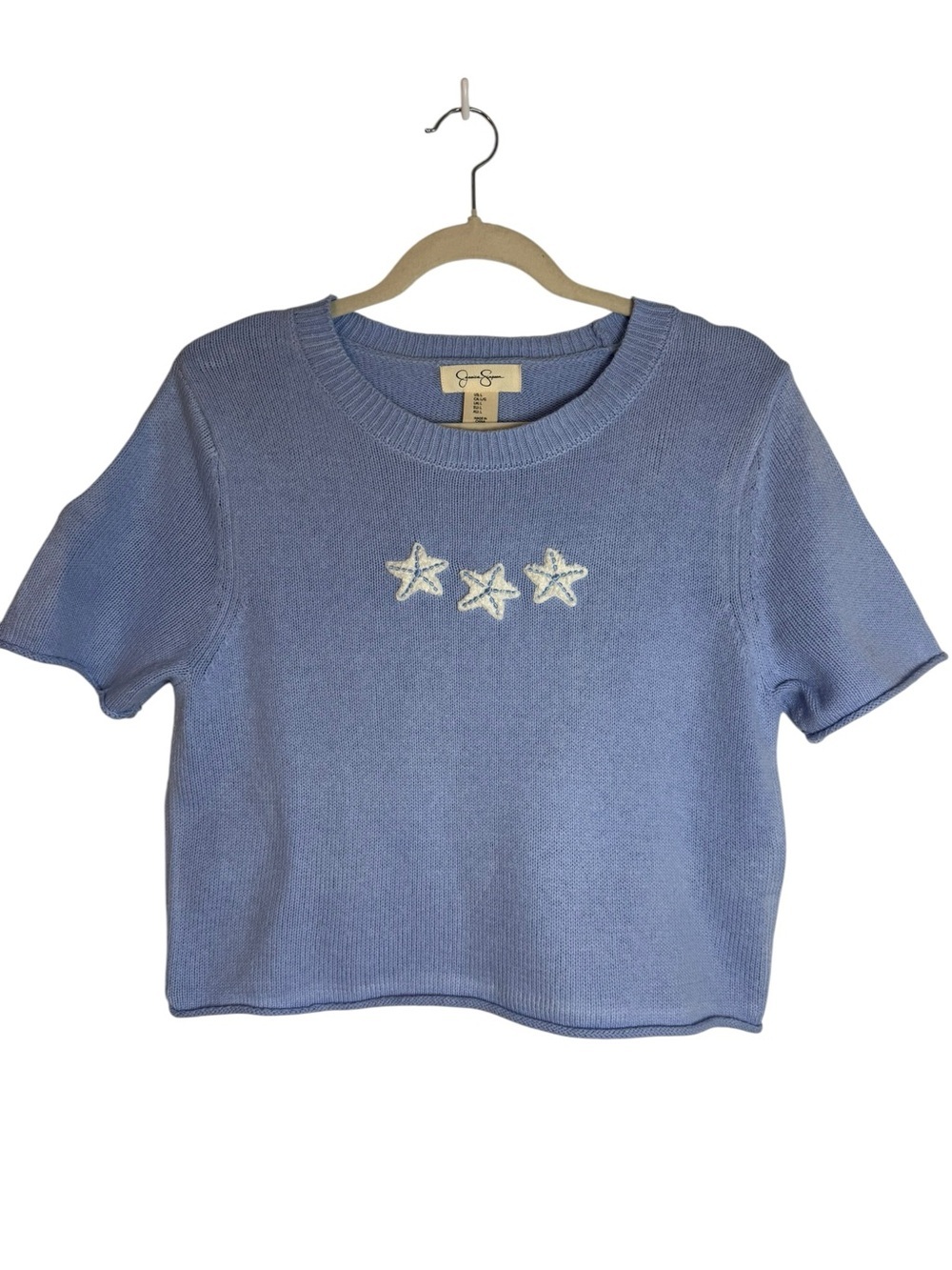 Jessica Simpson Light Blue Starfish Embroidered Medium Cropped Sweater